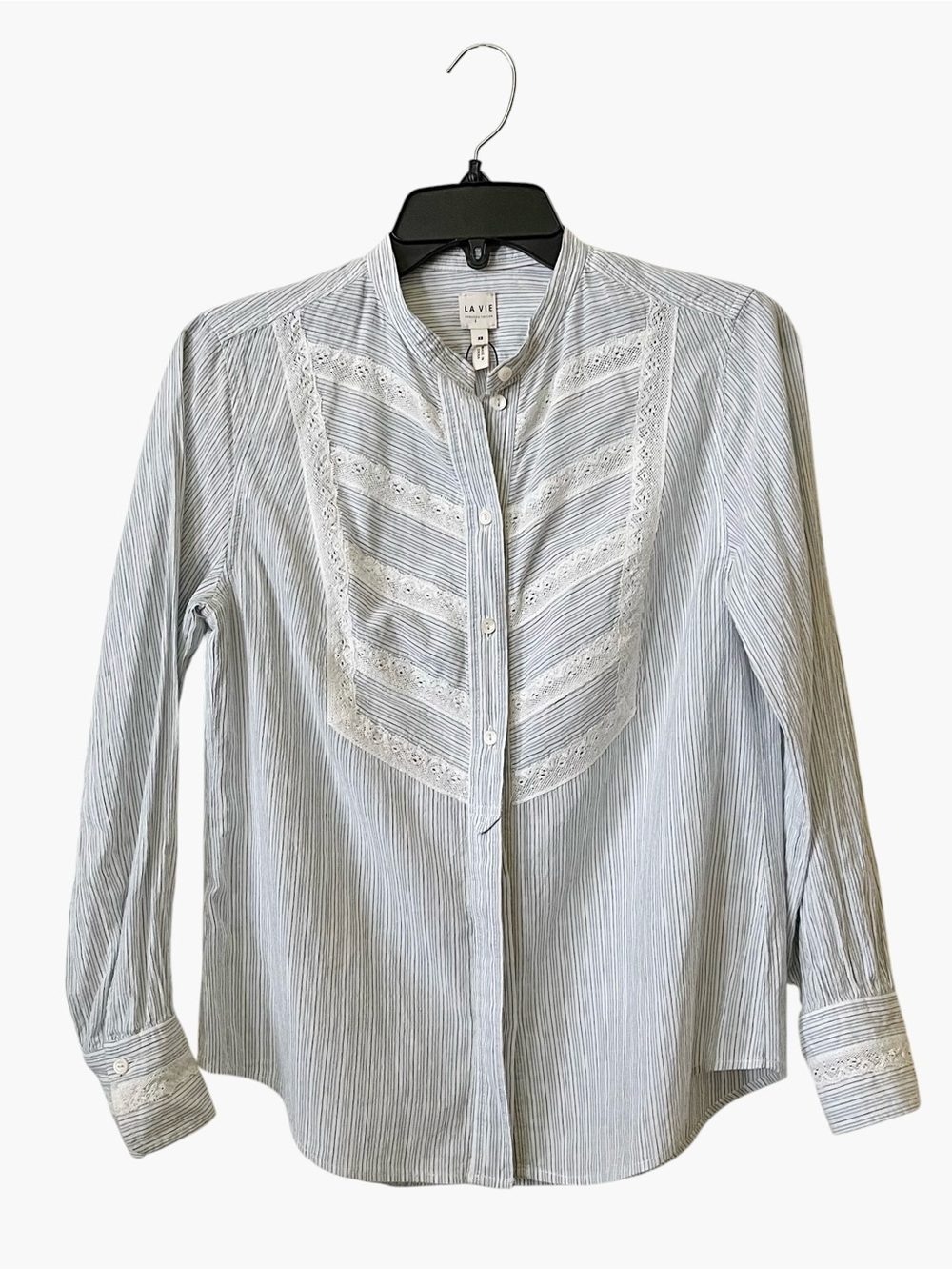 La Vie Rebecca Taylor Shirt Women's Size XS Blue Stripe Button Up Western Lace